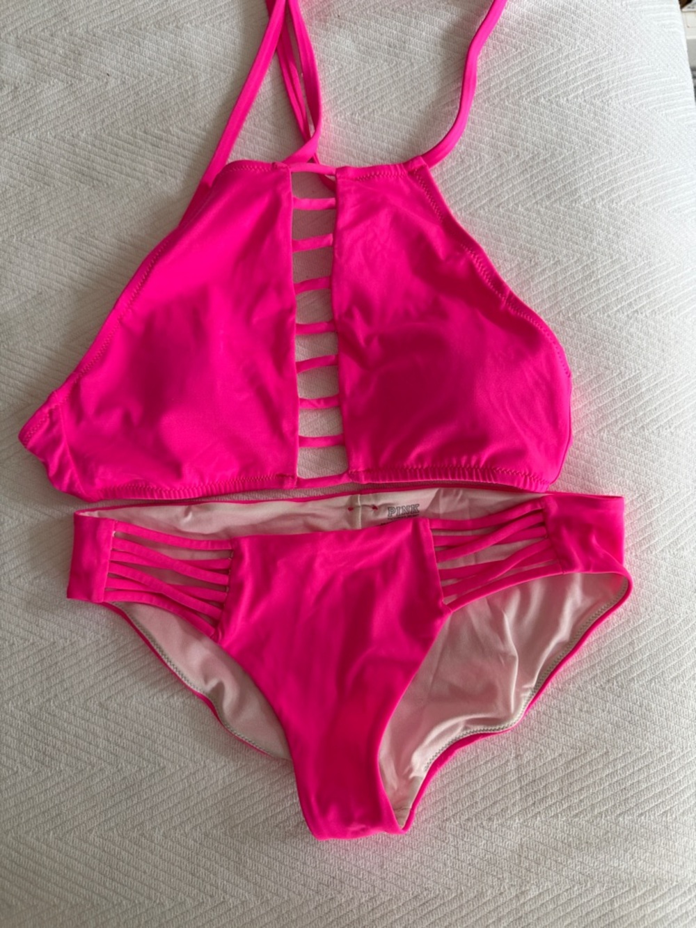 PINK Victoria's Secret Hot Pink Strappy High Neck Bikini